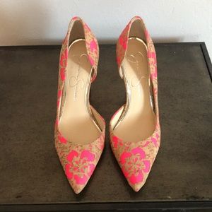 Jessica Simpson heels hot pink and cork colored.